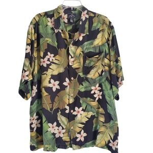 Bermuda Bay Shirt Mens L Loop Collar Black Floral Silk Hawaiian Camp